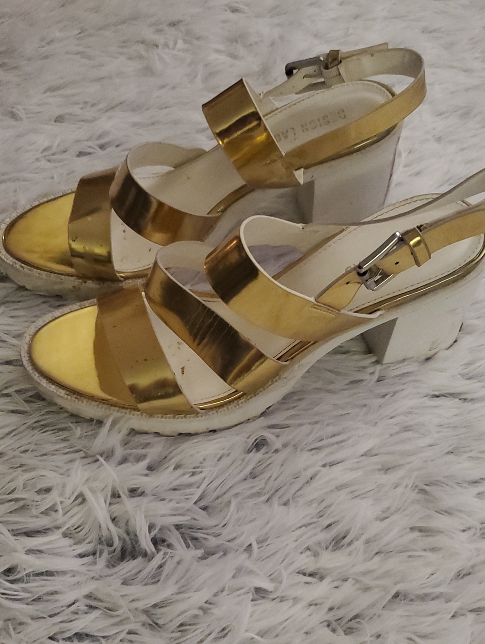 Design Lab Lord And Taylor Gold Strappy Block Heel Sandals